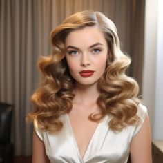 If you're aiming for old Hollywood glamour, vintage waves are the way to go. Picture glossy, sculpted waves cascading elegantly down your shoulders, reminiscent of iconic movie stars. Achieve this look with a curling iron and ample setting spray to ensure your waves stay in place all day long. Classy Hollywood Hair, Old Hollywood Finger Waves, Old Hollywood Glam Curly Hair, Medium Hollywood Waves, Classic Hollywood Hair Wedding, Vintage Hollywood Glamour Hairstyles, Vintage Wedding Makeup Bridal Looks Make Up Hollywood Glamour, Classic Wavy Hair Vintage Curls, 1940s Waves Hair