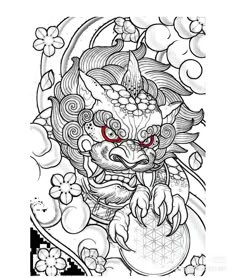 an ink drawing of a dragon with red eyes on it's head and flowers around its neck