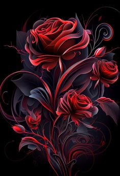 red roses on black background with swirls and leaves in the center, as if it were an art work