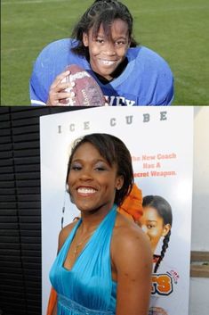 two photos one with a woman holding a football and the other has a poster that says ice cube