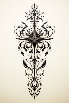 an ornate design on the back of a white background with black swirls and leaves