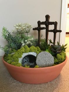 a potted plant with rocks and plants in it