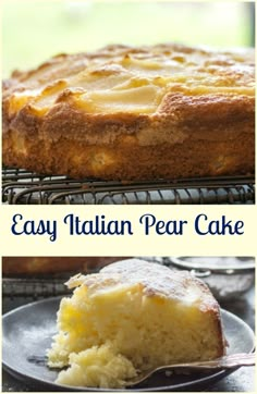 easy italian pear cake on a cooling rack with a slice cut out and ready to eat