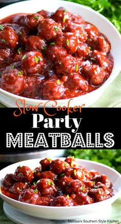 slow cooker party meatballs in a white bowl