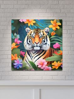 a tiger surrounded by tropical flowers on a brick wall