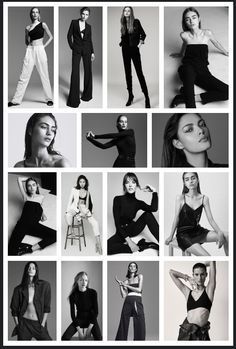 black and white photos of women in different outfits, from top to bottom one woman has her hands on her hips