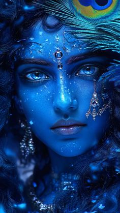 a woman with blue makeup and feathers on her head is shown in this artistic photo