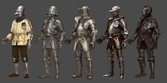 several different types of knights in armor standing next to each other on a gray background