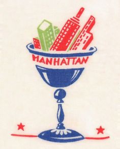 the manhattan logo is shown in red, white, and blue on a napkin that says manhattan