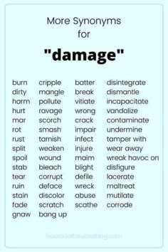 a poster with words that say more syonomyms for'damage'in different languages