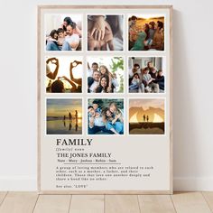 a family photo collage is displayed on a wooden frame in front of a white wall