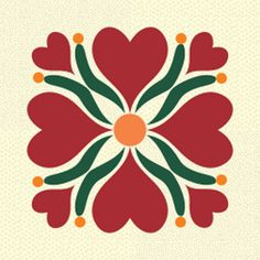 a red flower with green leaves and dots on the petals is shown in this image