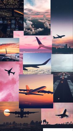 many different images of airplanes flying in the sky at sunset or dawn with clouds and city lights behind them