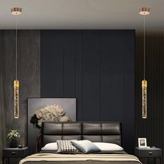 a modern bedroom with black walls and white bedding, two nightstands on either side of the bed