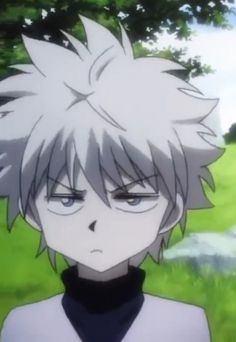 an anime character with white hair and blue eyes standing in front of a green field