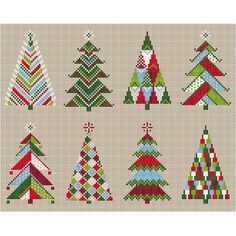 a cross stitch christmas tree pattern with different colors and designs on the front, in various sizes