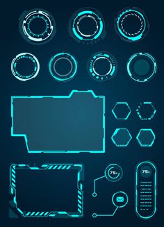 a set of neon blue buttons and labels on a dark background royalty illustration