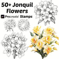 the flowers are drawn in different styles and colors