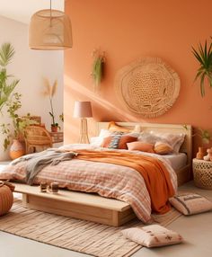 a bedroom with an orange wall and lots of pillows on the bed in front of it