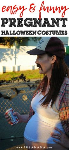 a pregnant woman wearing a baseball cap and holding a can of halloween costumes in her hand