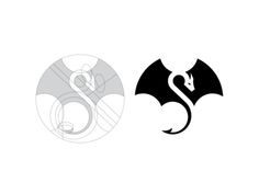 two black and white logos, one with a dragon