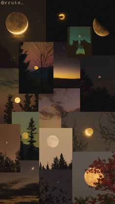 a collage of photos with the moon and trees