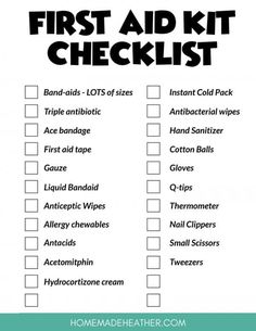 the first aid kit checklist is shown in black and white with text overlay