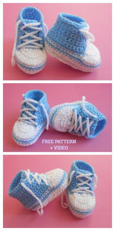 crocheted baby booties are shown in three different pictures, one is blue and the other is white