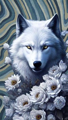 a painting of a wolf with flowers in its mouth