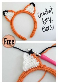 crocheted fox headbands with text that reads, free crochet boy ears