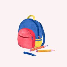 a backpack and some pencils on a white background