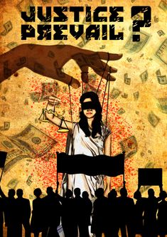 a woman standing in front of a poster with money flying out of her hand and two hands reaching for another person's arm