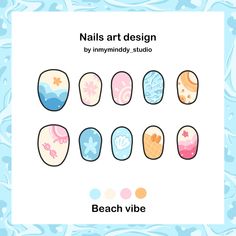 Nail Design Sea, Nail Template Designs, Nail Design Template, Aesthetic Nail Designs, Vibe Nails, Beginner Nail Designs, Cartoon Nail Designs, Beachy Nails, Band Nails