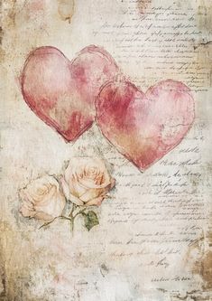 two hearts with roses on an old paper background