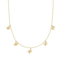 Ross-Simons - Italian 18kt Yellow Gold Butterfly Station Necklace. 18". This playful piece will make a pretty addition to any layered look! The Italian-made necklace features five shiny butterfly stations of polished 18kt yellow gold dangling from a classic cable chain. Includes a 2" extender. Lobster clasp, 18kt yellow gold butterfly station necklace. Olivia Concert, Shiny Butterfly, Gold Butterfly Necklace, Boho Lifestyle, Butterfly Necklace Gold, Jewelry Essentials, Chain Extenders, Station Necklace, Gold Butterfly