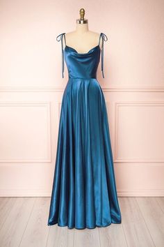 Satin Long Prom Dress, Prom 23, Simple Satin, Prom Inspo, A Line Evening Dress, Spaghetti Strap Prom Dress, Blue Evening Dresses, Boutique 1861, Evening Dress Fashion