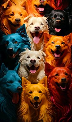 many different colored dogs with their mouths open