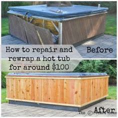 an outdoor hot tub with the words how to repair and rewrap a hot tub for around $ 10 00