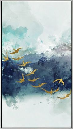 watercolor painting with gold birds flying in the sky