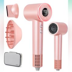 Pink Hair Dryer With Diffuser For Curly Hair, 200 Million Negative Ionic Blow Dryer With Gray Carrying Case, 110,000rpm Highspeed Hairdryer Brushless Motor Fast Dry, 5 Temps & 3 Speeds & Hd Display Chi Blow Dryer, Heated Hair Brush, Hair Dryer And Diffuser, Curly Hair Diffuser, Pink Hair Dryer, Pink Blow Dryer, Hair Irons, Hair Dryer Diffuser, Amazon Hair