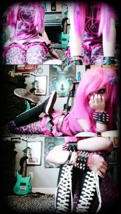 a collage of photos with pink hair and goth clothes, including high heeled boots