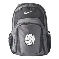 a backpack with a volleyball ball on the front and side pocket, it has a white nike logo