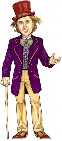 a drawing of a man in a purple suit and top hat with his hands out