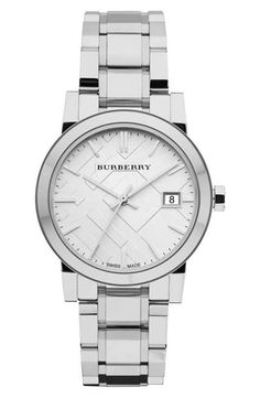 Burberry Medium Check Stamped Bracelet Watch, 34mm Watch Women's, Silver Watches Women, Amazing Watches, Stamped Bracelet, Two Tone Watch, Burberry Women, Mens Fashion Trends, Stainless Steel Watch