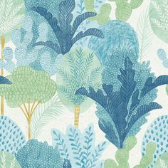 a blue and green wallpaper with plants on it