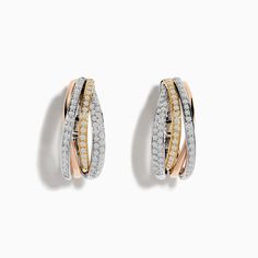 Trio 14K Tri Color 5/8" Diamond Crossover Hoop Earrings, 0.52 TCW Luxury Dual-tone Fusion Earrings, Effy Jewelry, Tri Color, Crossover, Colored Diamonds, Round Diamonds, Gold Metal, Diamond Earrings, Hoop Earrings