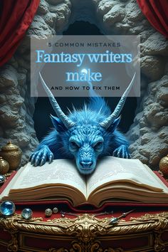 a blue monster is reading a book with the words fantasy writer make and how to fix them