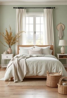 Sage Green Farmhouse Bedroom Light Green Farmhouse Bedroom, Cream And Light Green Bedroom, Guest Room Color Ideas, Beige And Sage Green Bedroom, Sage And White Bedroom, Sage And Cream Bedroom, Sage Green And White Bedroom