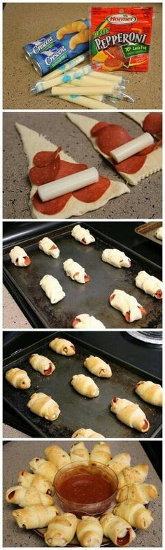 the process of making mini pizzas with pepperoni, cheese and sauce on them