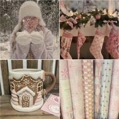 four different pictures with christmas decorations and items in them, including stockings, mugs, snowflakes